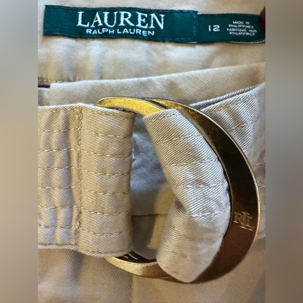 LAUREN Ralph Lauren Tan Belted Wide Leg Crop Pants Size 12 Chino Culottes - Picture 3 of 7
